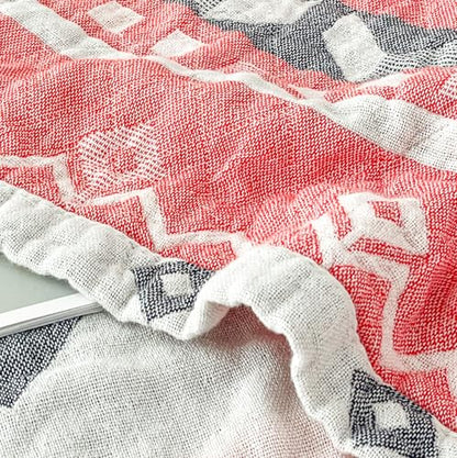 MEJU Boho Indian Pink Gray Retro Southwest Muslin Reversible Blanket for Bed Sofa Couch 100% Combed Cotton 3 Layer Soft Warm Bedspread Throw Blanket Bed Coverlet Twin 60 in x 80 in - color: Boho Pink, size: Twin 60 in x 80 in