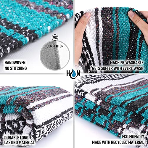 Authentic Extra Large Mexican Blanket - 70"x50" Handwoven Yoga, Serape, Artisanal Falsa, Beach, Camping, Picnic, Outdoor Blanket (Emerald) - color: Emerald