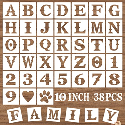 10 Inch Letter Stencils and Numbers, 38 Pcs Alphabet DIY Craft Stencils, Reusable Plastic Drawing Templates for Painting on Wood, Wall, Fabric, Rock, Floor, Signage, Door Porch - size: 10 Inch