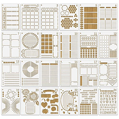 MWOOT 24 Pcs Assorted Drawing Journaling Stencils Set,Mixed Shapes Scale Painting Templates for DIY Albums Schedule Wall Art Decor,Reusable Plastic Paint Template for Diary Card Making (17.8x12.7CM)