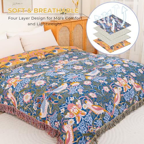 Boho Cotton Muslin Twin Size Bed Throws Blue&Yellow 60"×80" - color: Bird&florals, size: 60''x80''