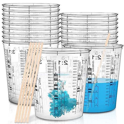 24 Pcs 64 oz 1800 ml Paint Measuring Cups Mixing Cups with Graduated and 20 Pcs Paint Mixing Sticks Plastic Disposable Resin Automotive Epoxy Mixing Cup for Paint Kitchen Cooking Baking