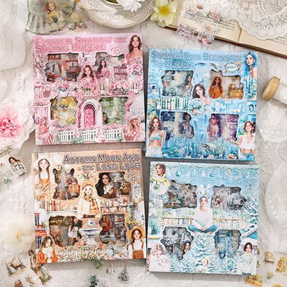 500PCS Scrapbook Stickers Kit, Retro House Coconut Tree Flowers People Transparent Waterproof Pet Stickers Set, Aesthetic Junk Journal Supplies for Scrapbooking, Journaling, Collage, DIY Art Crafts - color: Summer Rain and Sunshine