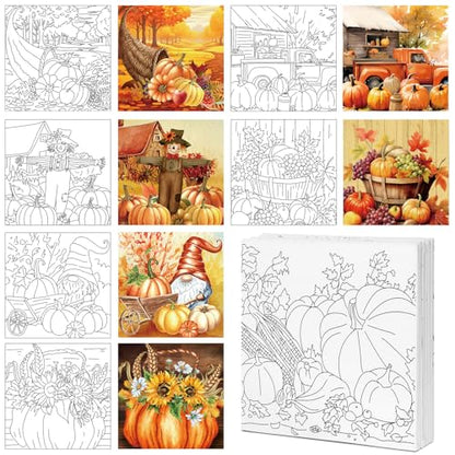 Honoson 6 Pcs 6 Inch Pre Drawn Outline Canvas Paint Kit with Pictures for Adults Paint Party Stretched Canvas Art Boards Set for Adult Beginner (Autumn Style) - style: Autumn Style