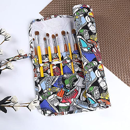 22 Slot Canvas Art Paint Brush Holder Canvas Brush Pouch Watercolor Paintbrushes Roll-Up Case Bag for Watercolor Oil Paint Brush (Trendy Graffiti Style) - color: Style-2