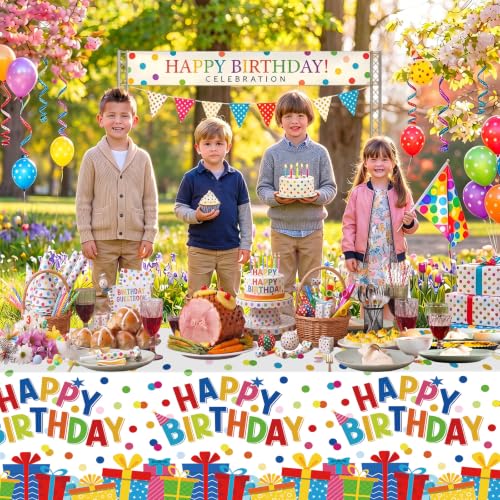 3 Pack Polka Dot Birthday Party Tablecloth - Happy Birthday Table Decorations, Disposable Plastic Colorful Rainbow Dots Party Tablecovers for Kids Adults Indoor Outdoor Party Supplies, 54 x 108 Inches - color: Birthday
