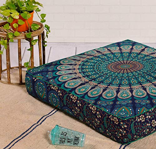 Popular Handicrafts Floor Pillow Cushion Cover - Hippie Mandala Square Ottoman Pouf Cover Indian Peacock Daybed Oversized Cotton Cushion Cover with Heavy Duty Zipper - Dog-Pets Bed, 22" Turqouise - color: Blue Tarquoish_s, size: 22" x 22" (Pack of 1)