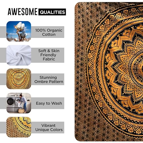 Rajsee Black Gold Mandala Tapestry for Bedroom - Aesthetic Indie Boho Trippy Wall Hanging 82x92 Inches - color: Black Gold, size: 92"L x 82"W