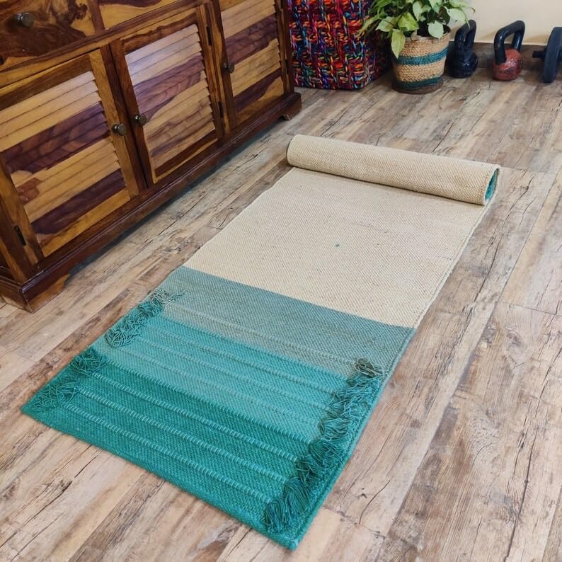 Jaipur art & Rugs Cotton Yoga Mat - Eco-Friendly Hand-Woven Rug - Non Slip & Thick (24”x72”x5mm) for Everyday Fitness at Home - Comfortable Extra-Long - color: Green-White