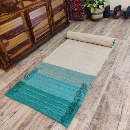 Jaipur art & Rugs Cotton Yoga Mat - Eco-Friendly Hand-Woven Rug - Non Slip & Thick (24”x72”x5mm) for Everyday Fitness at Home - Comfortable Extra-Long - color: Green-White