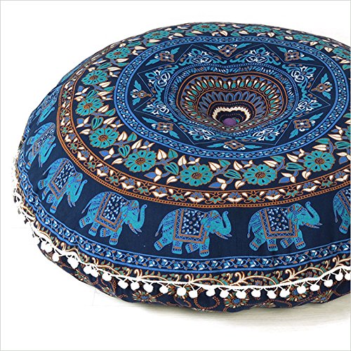Mandala Floor Pillow Cover Meditation Cushion Seating Throw Hippie Round Colorful Decorative Bohemian Indian Pouf Ottoman Handmade Cover ONLY (M1 Dark Blue, 32" x 32") - color: M1 Dark Blue, size: 32" x 32" (Pack of 1)