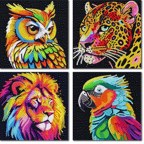 UiSdfuy Diamond Art Kits for Kids, Arts & Crafts Ages 8-12,Diamond Art for Boys Girls,Gem Art 4 Pack Diamond Painting 6"x 6" - Lion Owl Leopard Parrot - color: 4-Lion