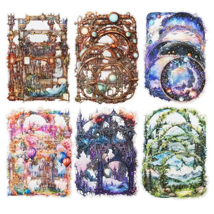 60 Pcs Fantasy Frame Stickers for Scrapbook Journaling | Transparent PET with castle, celestial, gothic and forest frame designs for junk journals, collages, planners and crafts - color: Carnival Ride