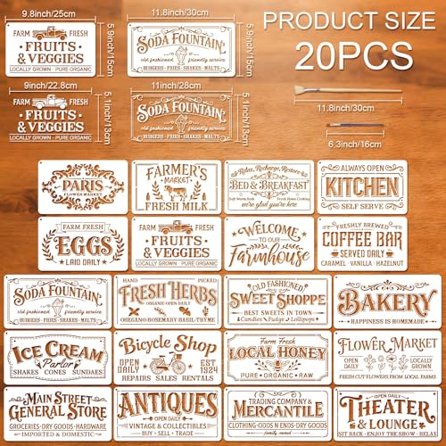 20pcs Farm Stencils for Painting Stencils for Crafts Reusable | Rustic Farmhouse Sign Drawing Stencil Painting on Wood Wall Furniture Card Canvas Paper Fabric Scrapbook Photo Album - style: Farmhouse