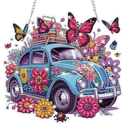 Car Diamond Art Hanging Kits for Adults, Diamond Art Suncatchers Flowers, 5D Special Shape Diamond Painting Butterfly Pendant Window Ornament Gifts for Home Wall Garden Door Decor - color: Car, Flowers, Butterfly