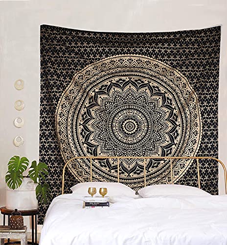 Rajsee Black Gold Mandala Tapestry for Bedroom - Aesthetic Indie Boho Trippy Wall Hanging 82x92 Inches - color: Black Gold, size: 92"L x 82"W