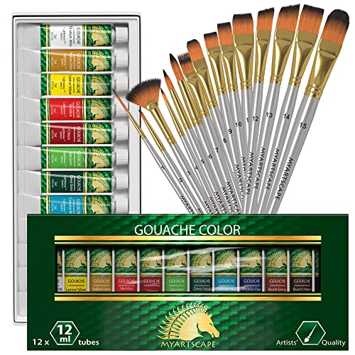 MyArtscape Supplies Paint Set - Gouache 12 x 12ml Paint Tubes - Fade-proof - Rewettable - High Pigment Load - with Premium Set of 15 Short Handle Art Brushes for Watercolor, Acrylic & Oil Painting