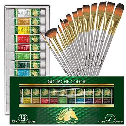 MyArtscape Supplies Paint Set - Gouache 12 x 12ml Paint Tubes - Fade-proof - Rewettable - High Pigment Load - with Premium Set of 15 Short Handle Art Brushes for Watercolor, Acrylic & Oil Painting
