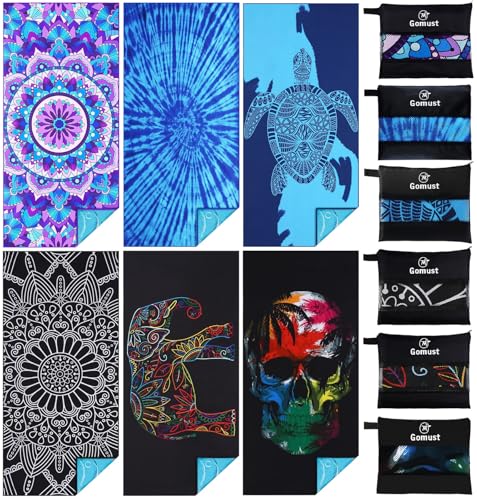 Microfiber Beach Towel Oversized 71x32 Multiple with Bag 6 Pack Bulk | Thin Lightweight Sand Free Absorbent Quick Dry Large for Travel Pool Swim Bath Cruise Sports Camping Essentials Adults Gifts - color: 6 Pack Turtle Tie Dye Mandala Elephant Skull
