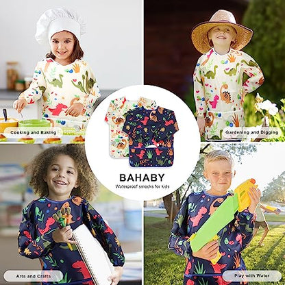 Kids Art Smocks 2 Pack Dinosaur Painting Aprons for Children Waterproof Artist Smock with Long Sleeve and 3 Pockets for Age 3-8 Years - color: Dinosaur-2