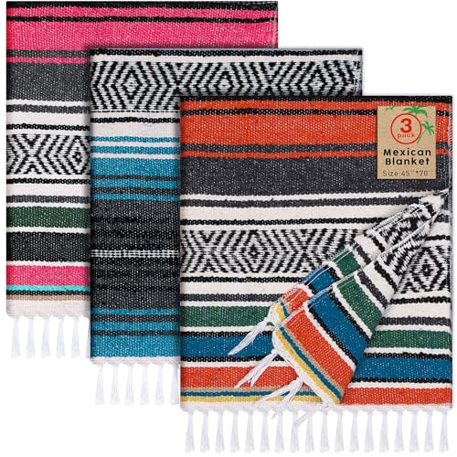 Oudain 3 Pack Mexican Blankets 45 x 70 Inch Woven Serape Throw Blanket, Baja Yoga Blanket for Beach Picnic Camping Boho Couch Decor Travel Outdoor (Exquisite Color) - color: Exquisite Color