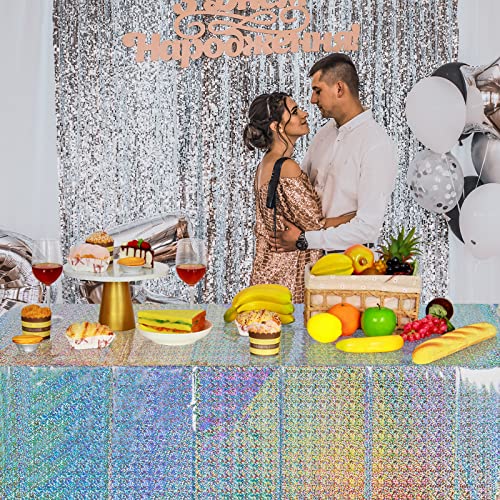 4 Pack Iridescent Plastic Tablecloths Shiny Disposable Laser Rectangle Table Covers Holographic Foil Tablecloth Iridescent Party Decoration Birthday Bridal Wedding Christmas 54"x108"(Silver) - color: Silver
