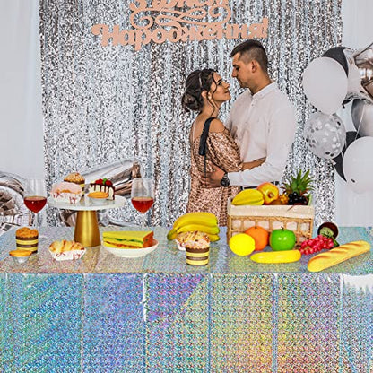 4 Pack Iridescent Plastic Tablecloths Shiny Disposable Laser Rectangle Table Covers Holographic Foil Tablecloth Iridescent Party Decoration Birthday Bridal Wedding Christmas 54"x108"(Silver) - color: Silver