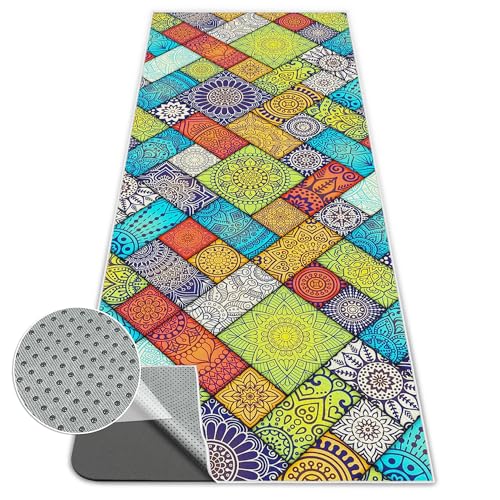 Hot Yoga Towel Non Slip, Ultra-Absorbent Yoga Mat Towel, Soft with Printed Design, Machine Washable, Yoga Pilates Towel Suitable for Exercise, Pilates, Yoga, 72x27in,Grid Mandala - color: Grid Mandala