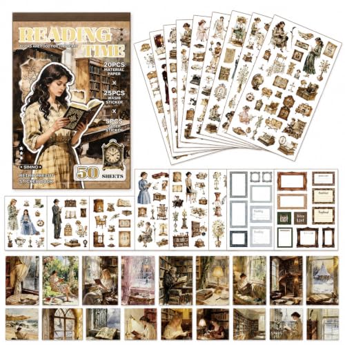 50 Sheets Precut Reading Journal Sticker Book, Vintage Scrapbook Kit | Perfect for reading journals, junk journals, scrapbooks, planners, collage art and handmade gifts. - color: Reading Journal Book