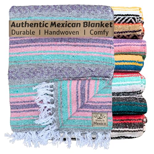 Del Mex Classic Mexican Blanket, Large Authentic Woven Falsa Throw (70"x50"), Artisan Southwest Décor for Beach, Yoga, Outdoors (Mint/Pink/Gray) - color: Mint/Pink/Gray