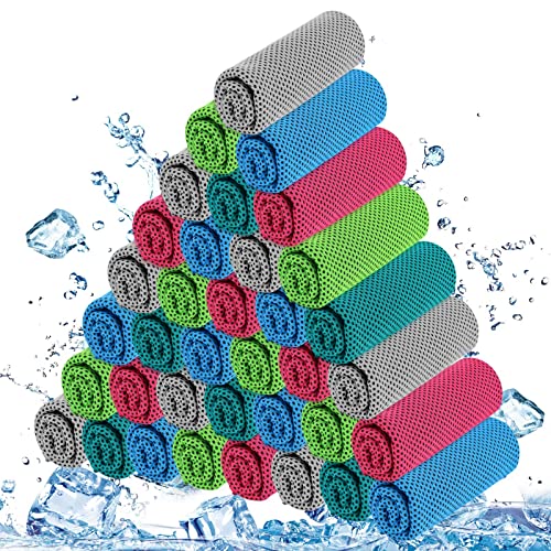 BBTO 50 Pack Cooling Towel Bulk - Microfiber Breathable Ice Chilly Towel for Cold Neck & Face - Summer Yoga, Sport, Gym, Workout, Camping and More Activities, 32 x 12 Inch (Bright Colors)