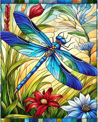 Paint by Numbers Kit for Adults, Dragonfly Stained Glass, 16 x 20 Inch | DIY Adult Paint by Number Kit on Canvas for Beginners, without Frame, Nature Wall Decor, Stress Relief Craft Gift - color: TRTDNF1P312