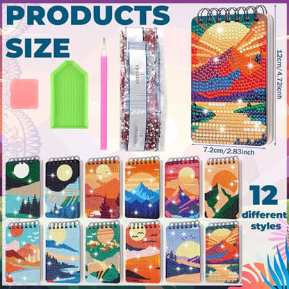 Fuyoooo 12 Pcs Landscape Diamond Art Notebook for Adults, 4.72 x 2.83 Inch | Natural Landscape Diamond Art Kits, DIY Sun Cover Notebook Diamond Painting for Beginners, 5d Journal Notepad Accessories - style: Landscape