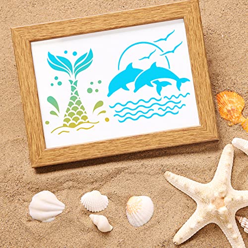 80 Pcs 3 x 3 Inch Stencils for Painting on Wood, Reusable Sea Ocean Creatures Mermaid Dolphin Shark Plastic Stencils DIY Craft Paint Template Set for Wall Home Decor - style: Ocean