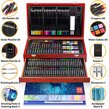 iBayam Art Supplies,150-Pack Deluxe Art Set Crafts Drawing Painting Kit | 2 -Sketch Pads, 1-Coloring Book, Wooden Gift Box for Kids Adults Artist Beginners Teens Girls Boys 5 6 7 8 9 10 11 12 - color: Cherry