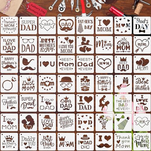 Augshy 56 PCS Happy Mothers Day Fathers Day Stencils, 3 Inch for Painting | Reusable, Happy Mothers Day Stencil, Fathers Day Painting, Scrapbooking Drawing, Wall Floor Decor, DIY Rock Painting - style: Father's/Mother's Day