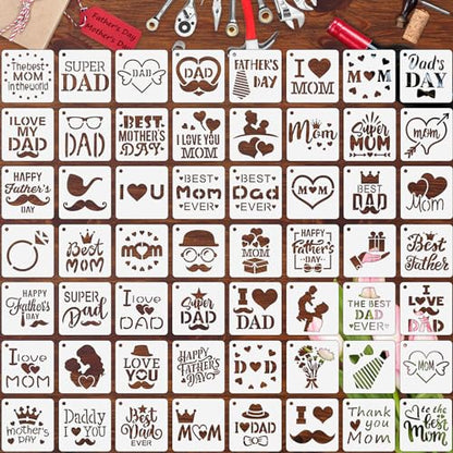 Augshy 56 PCS Happy Mothers Day Fathers Day Stencils, 3 Inch for Painting | Reusable, Happy Mothers Day Stencil, Fathers Day Painting, Scrapbooking Drawing, Wall Floor Decor, DIY Rock Painting - style: Father's/Mother's Day