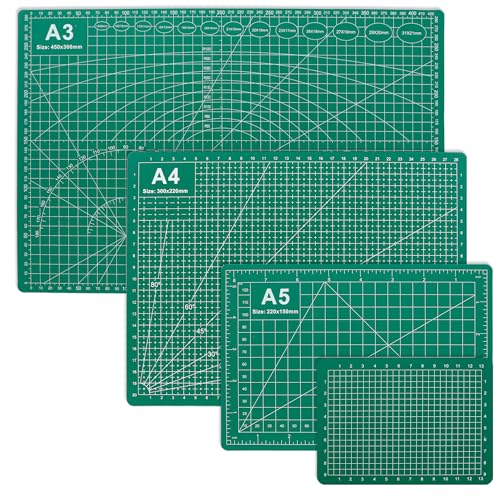 4Pcs 5-Layer Double Sided Cutting Mat Anti-Slip Rotary Cutting Board | 4 sizes(A3/A4/A5/A6) dual-scale(cm/inch) 45°/60° angle guides non-slip base high-density PVC green low-glare for fabric craft