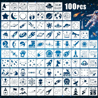 Fainne 100 Pcs 1.5 Inch Space Theme Small Stencils for Crafts | Reusable Painting Stencils for Wood Wall Card Making Scrapbooking Journaling, Portable Craft Templates - style: Space