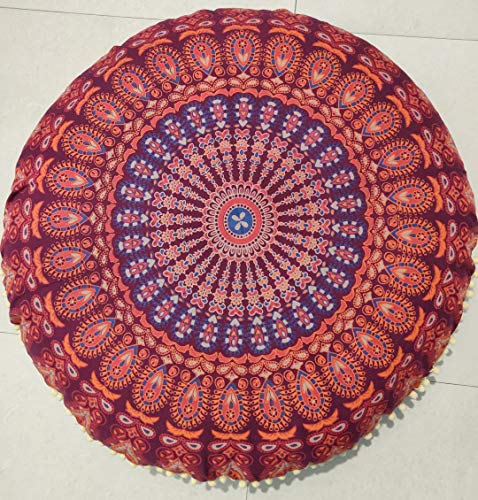 ICC 32" Indian Mandala Ottoman Throw Pouf Cover Seating Ottoman Cover Ethnic Cushions Bohemian Decor Fall Decor Pouf Case Decorative Footstool Round Floor Maroon - color: Maroon
