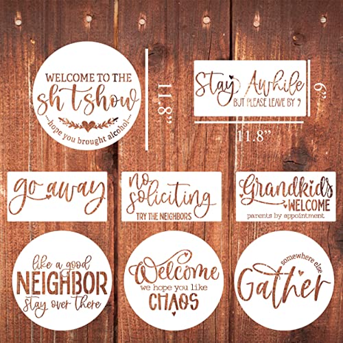 Welcome Stencils for Painting on Wood Funny Sarcastic Stencil 12" | Large Gather Stay Awhile Templates for Door Hanger,Doormat, Porch Sign, Wreath - style: Funny