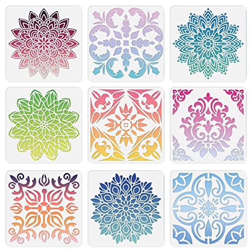 INFUNLY 9PCS/Set Mandala Flowers Wall Stencils for Painting 12x12 Mexican Tile Stencil Art Flower Concrete Floor Stencils Reusable Drawing Template for Painting Wood Canvas Furniture Patio Home Decor