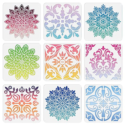 INFUNLY 9PCS/Set Mandala Flowers Wall Stencils for Painting 12x12 Mexican Tile Stencil Art Flower Concrete Floor Stencils Reusable Drawing Template for Painting Wood Canvas Furniture Patio Home Decor