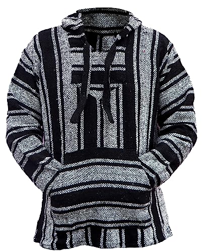 Del Mex Mexican Baja Hoodie Hippie Surf Poncho Sweater Sweatshirt Pullover Jerga - color: Black/White, size: XX-Large