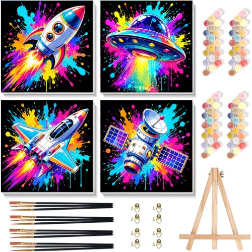 Arttoplus 4 Pack Paint by Numbers Kit for Kids with Frame Spaceship 8x8in | Cool Spaceship Kids Paint by Numbers Ages 4-8-12 with Wooden Easel, Outer Space Easy Painting by number for Gift Home Decor - color: BKH2720+BKH2721+BKH2722+BKH2723-US