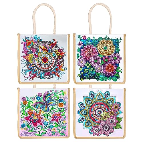 DOOSAI 4 Pack Mandala Flowers Butterfly Diamond Painting Dots Art Kits Canvas Tote Bags Boho 5D DIY Handbags Handmade Gifts Reusable Shopping Bags with Handles for Women Adults Work - color: 4 Pack Mandala Flower Butterfly