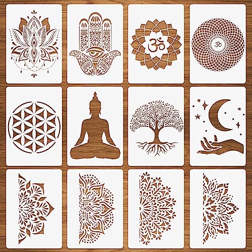 12 Sacred Geometry Stencils - Hamsa Hand, Torus, Om, Lotus, Moon, Mandala, Zen, Flower of Life, Yoga, Spiritual, Meditation Templates for Painting on Wood, Fabric, Walls - 8.3"x11.7"