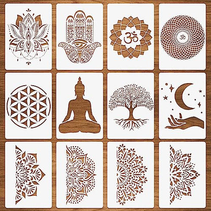 12 Sacred Geometry Stencils - Hamsa Hand, Torus, Om, Lotus, Moon, Mandala, Zen, Flower of Life, Yoga, Spiritual, Meditation Templates for Painting on Wood, Fabric, Walls - 8.3"x11.7"