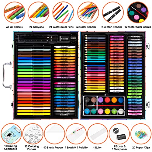 Art Supplies, 180 Pack Art Drawing Coloring Kit for Kids Girls Boys Teens | with Drawing Clipboard, Coloring Papers, Drawing Papers, Oil Pastels, Crayons, Colored Pencils, Watercolors Cakes, Markers - color: Fantasy Geometry