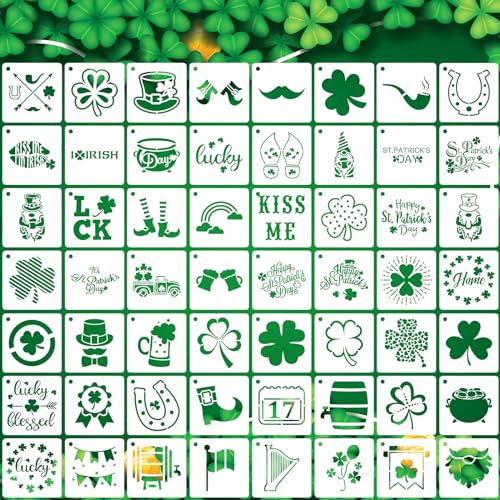 AUGSHY 56 Pack St Patricks Day Stencils, 3 Inch Clover Craft Templates | Clover Theme Templates, Window Party Home Decor, Painting on Wood Slice Crafts, Holiday Scratch Art Ornaments - style: St Patrick's